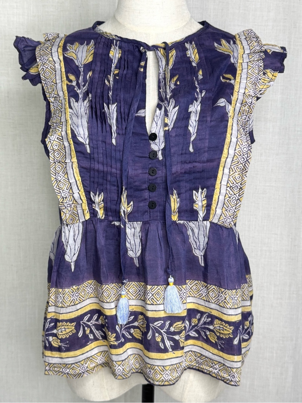 Sal Rosa Silk Blend Floral Border Print Ruffle Peplum Blouse Purple Size Small